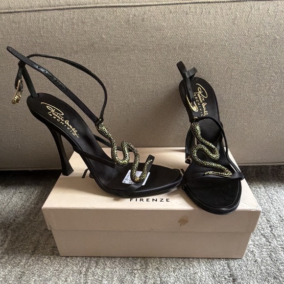 Roberto Cavalli Shoes - Roberto Cavalli Black/Gold Silk Strappy Open Toe Ankle Strap Buckle Heel 9 NIB